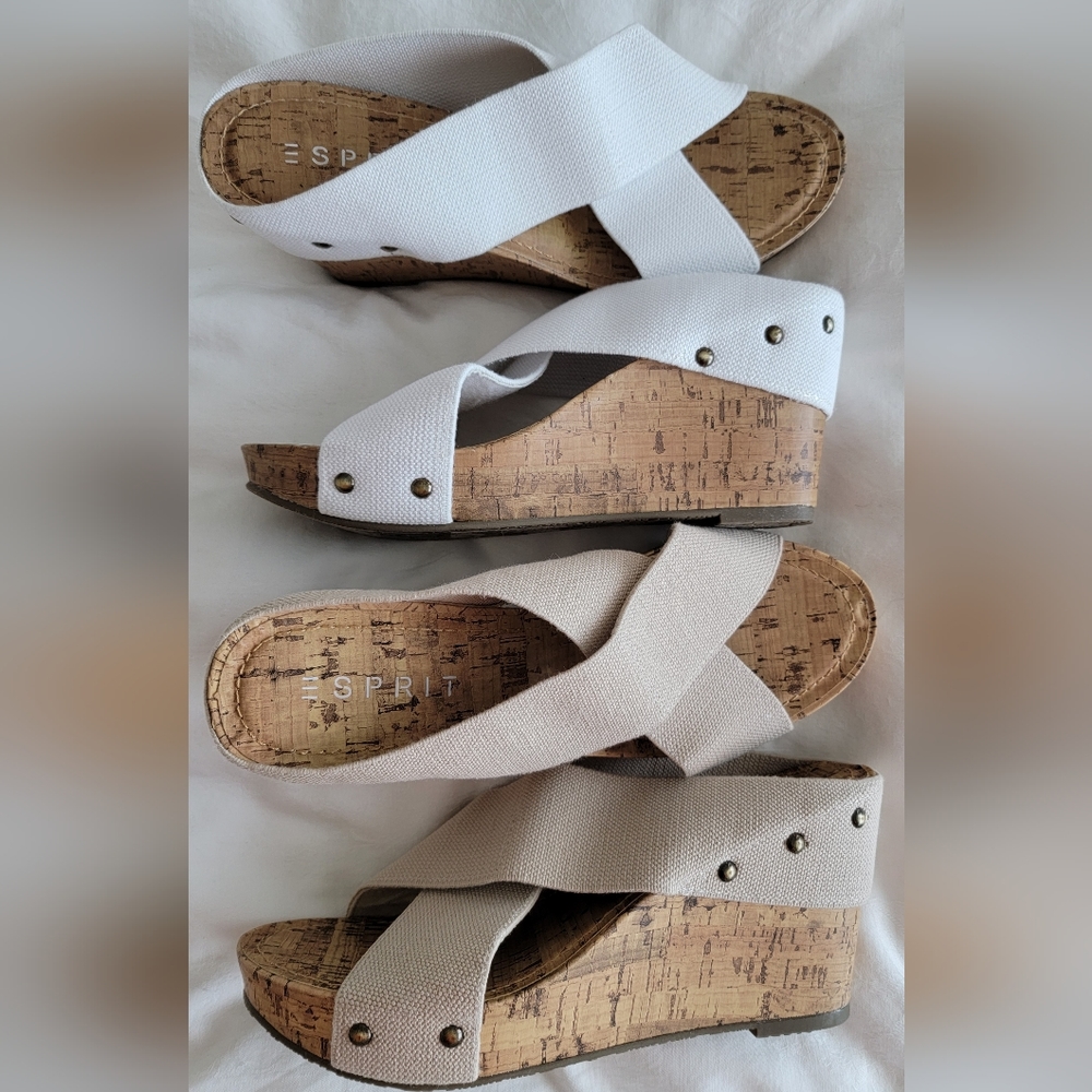 NWOT ESPRIT Wedge Platform Open Toe Sandals, Size 10, Tan & White, Sold as Set